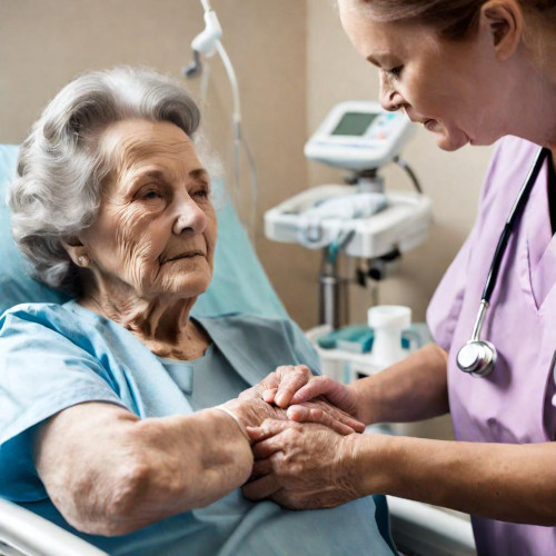 A female nurse caring for an elderly patient lying in a nursing home bed