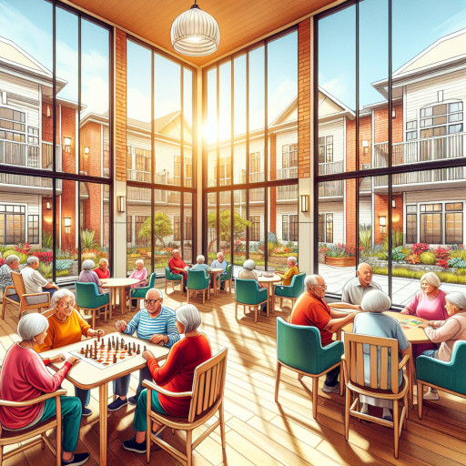 A nursing home common room with large windows and many residents sitting at tables enjoying themselves