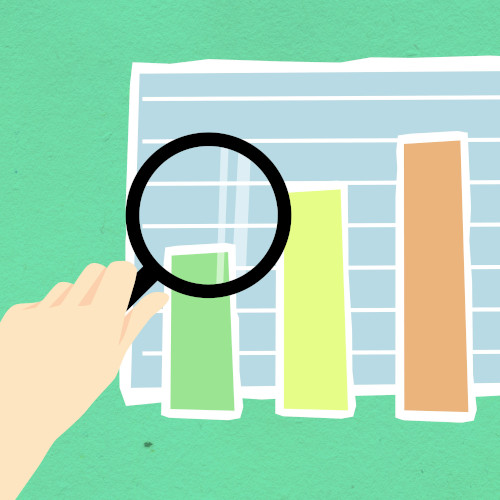 A bar chart with three bars with a hand holding a magnifying glass