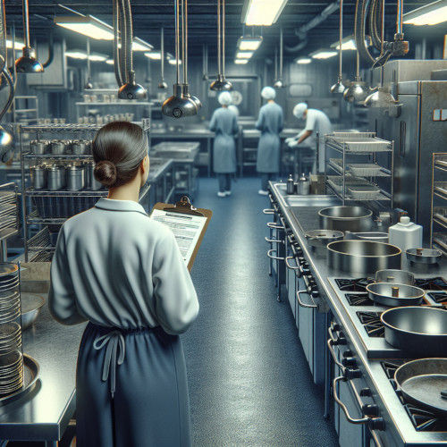 A Health Inspector Looking at workers in an industrial kitchen